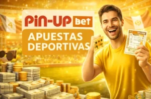 Pin-Up Bet Guatemala con apuestas deportivas online en tonos amarillos y jugador celebrando boleto ganador en estadio de fútbol